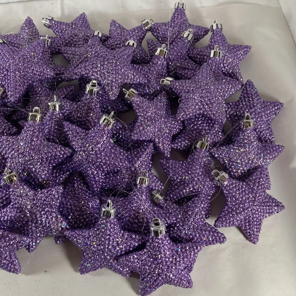 Purple Glitter Christmas Ornaments Stars Holiday Decor Lot Of 48 Vintage Violet